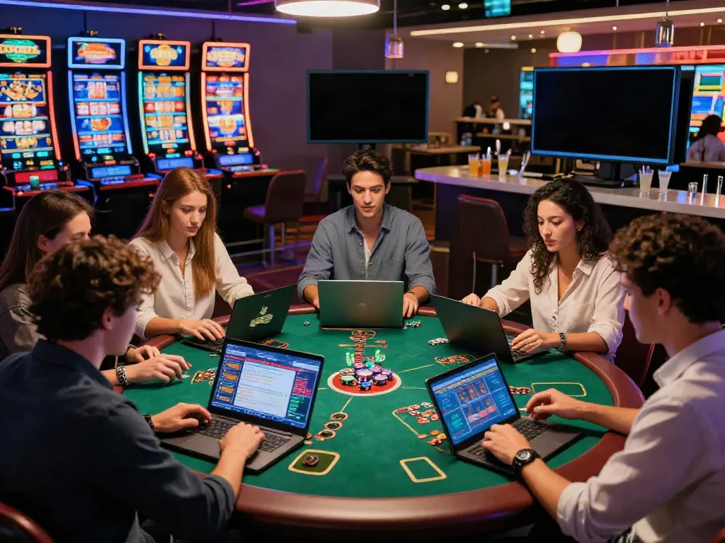 Exciting casino atmosphere showcasing friends enjoying a credit card casino experience together with laptops and vibrant game displays.