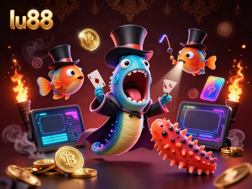 Watch lu88's unique magical performance with bioluminescent sea creatures and crypto-themed elements.