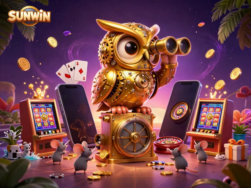 SUNWIN showcases an enchanting 3D scene with a golden owl scanning the casino, surrounded by lively gaming elements.