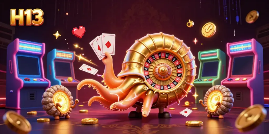 Engage with H13's dynamic casino environment featuring a giant nautilus roulette wheel and glowing game elements.