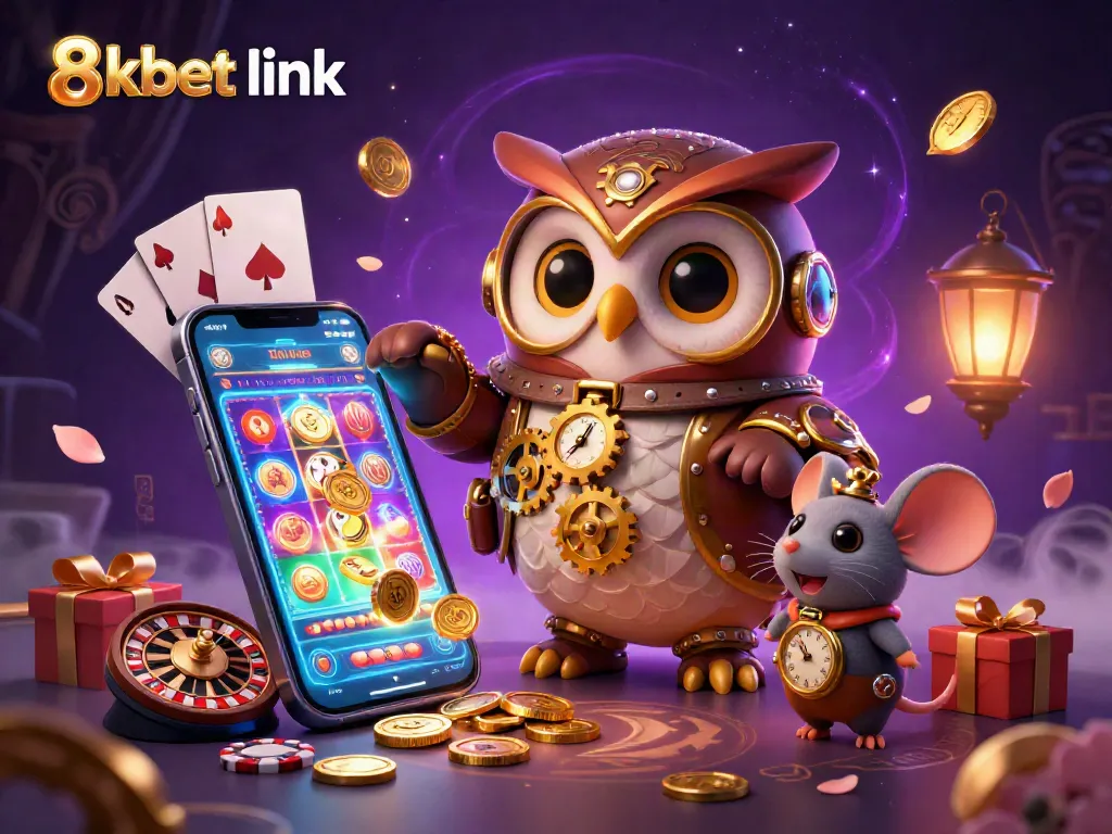 Hit the jackpot with exciting 8xbet link visuals, as the time-traveling owl and mouse explore a futuristic casino.