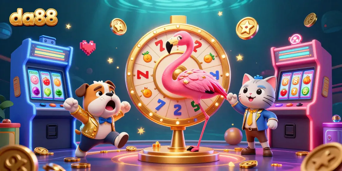 Spin the prize wheel with da88's colorful casino scene featuring a flamingo host and excited bulldog contestant.