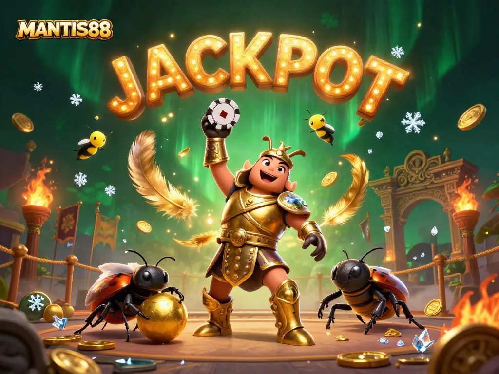 MANTIS88 heroes celebrate a big win in a colorful, dynamic 3D casino atmosphere.