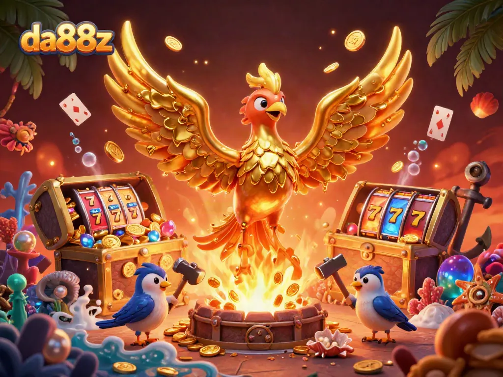 Engage with vibrant da88z casino action featuring a molten golden phoenix and treasure-filled slots.