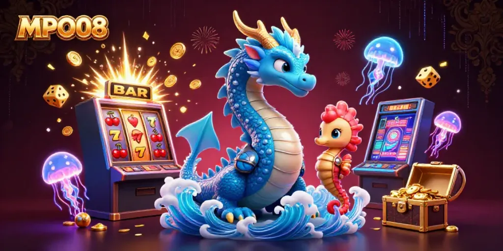 Experience the thrilling MPO08 gaming scene with a dragon, seahorse knight, and jackpot elements.