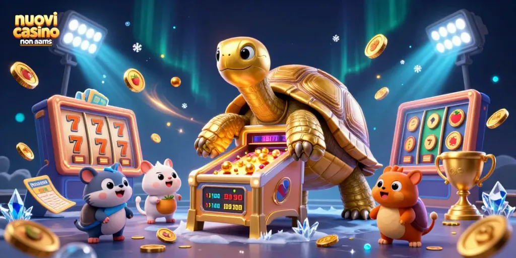 Gioca nei nuovi casino non AAMS con la tartaruga dorata che funge da macchina da pinball, palline d'oro e simboli di slot.