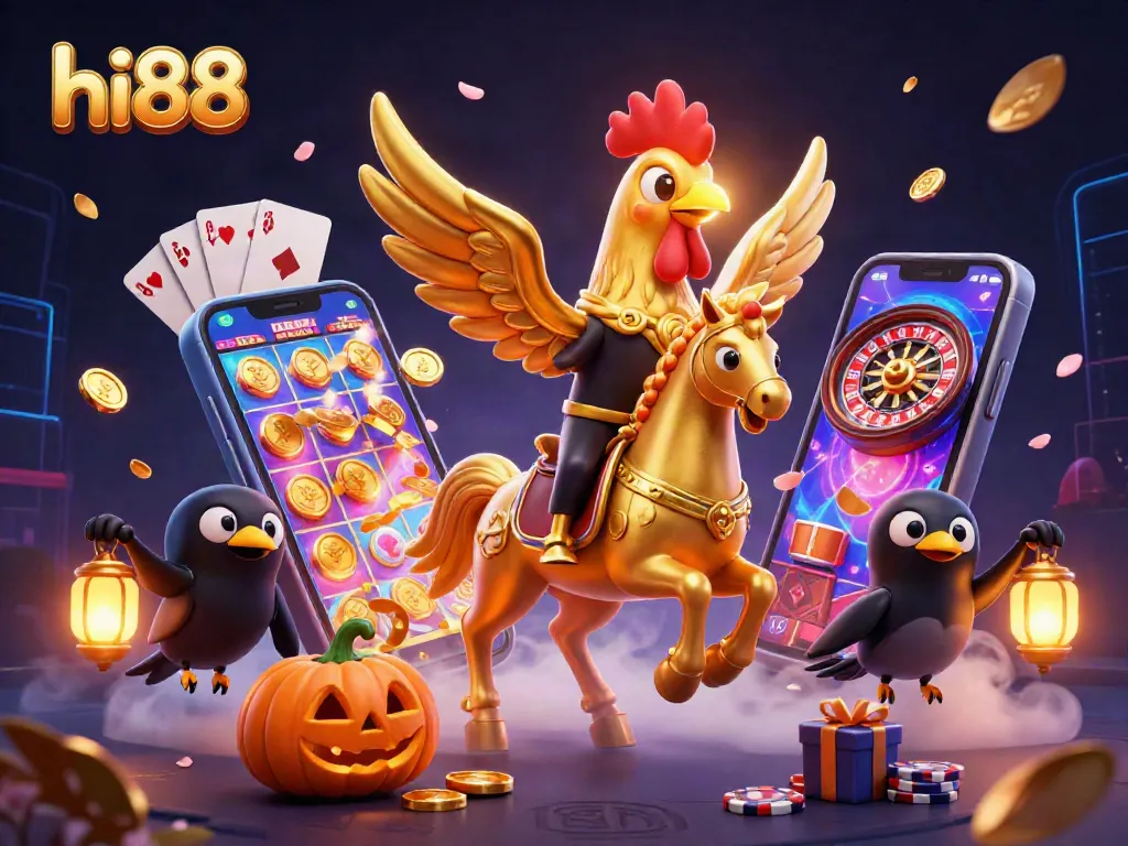 Spin the reels and win with hi88's vibrant gaming scene featuring cartoon characters and casino elements.