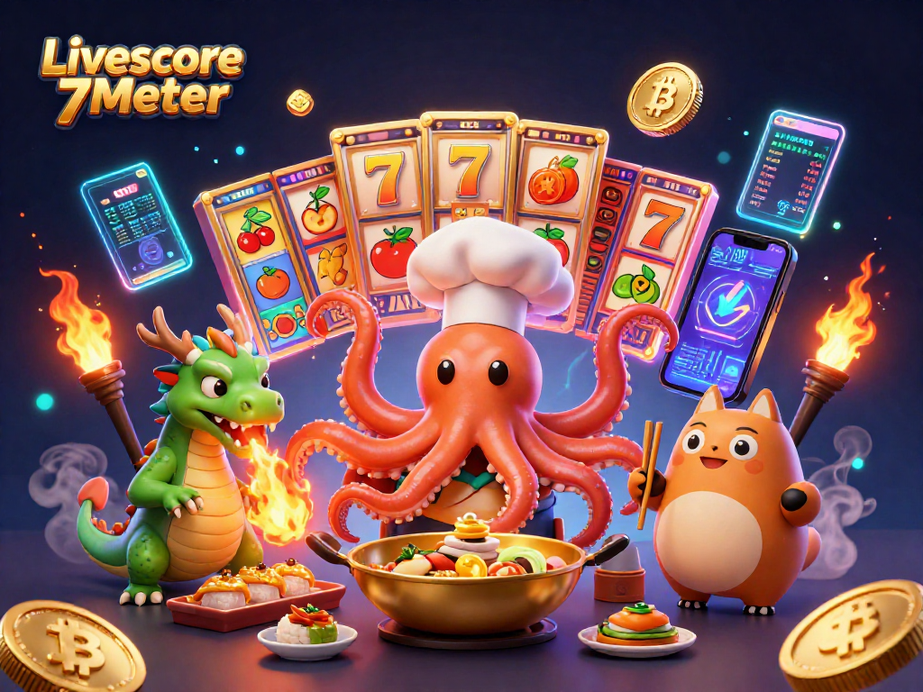 Engage with Livescore 7Meter's vibrant casino scene featuring slot reels and NFT elements.
