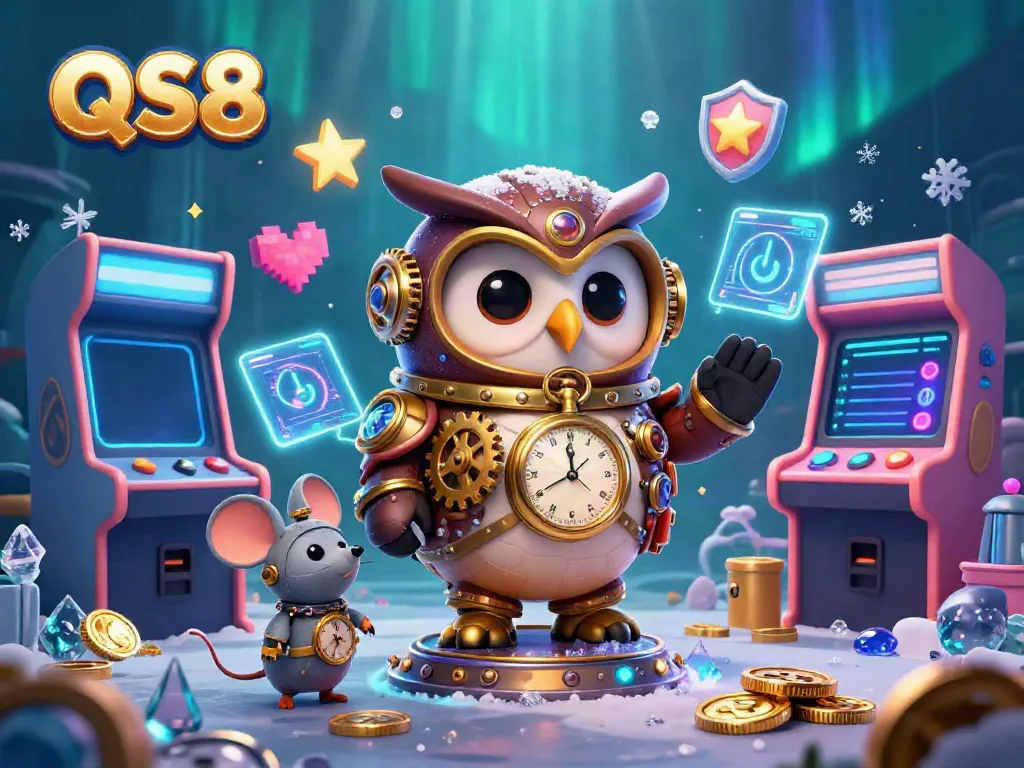 Engaging gameplay with QS88's steampunk owl and mouse companions in a colorful casino scene.