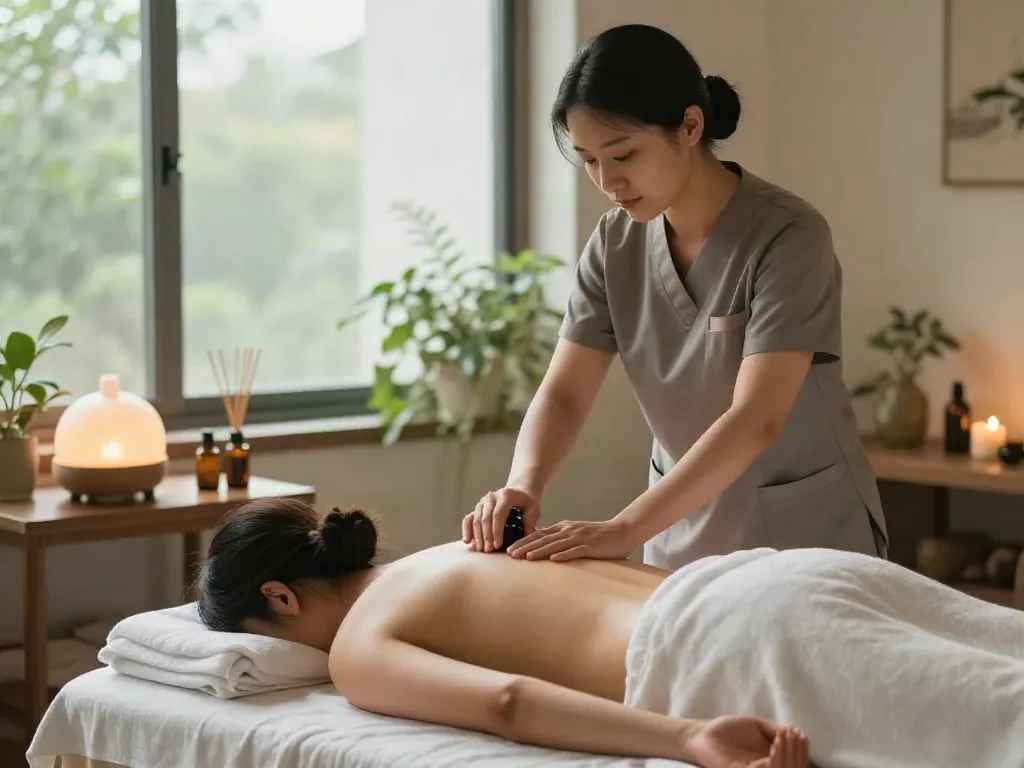 Experience a serene 광명출장안마 session with a professional massage therapist in a calming wellness environment.