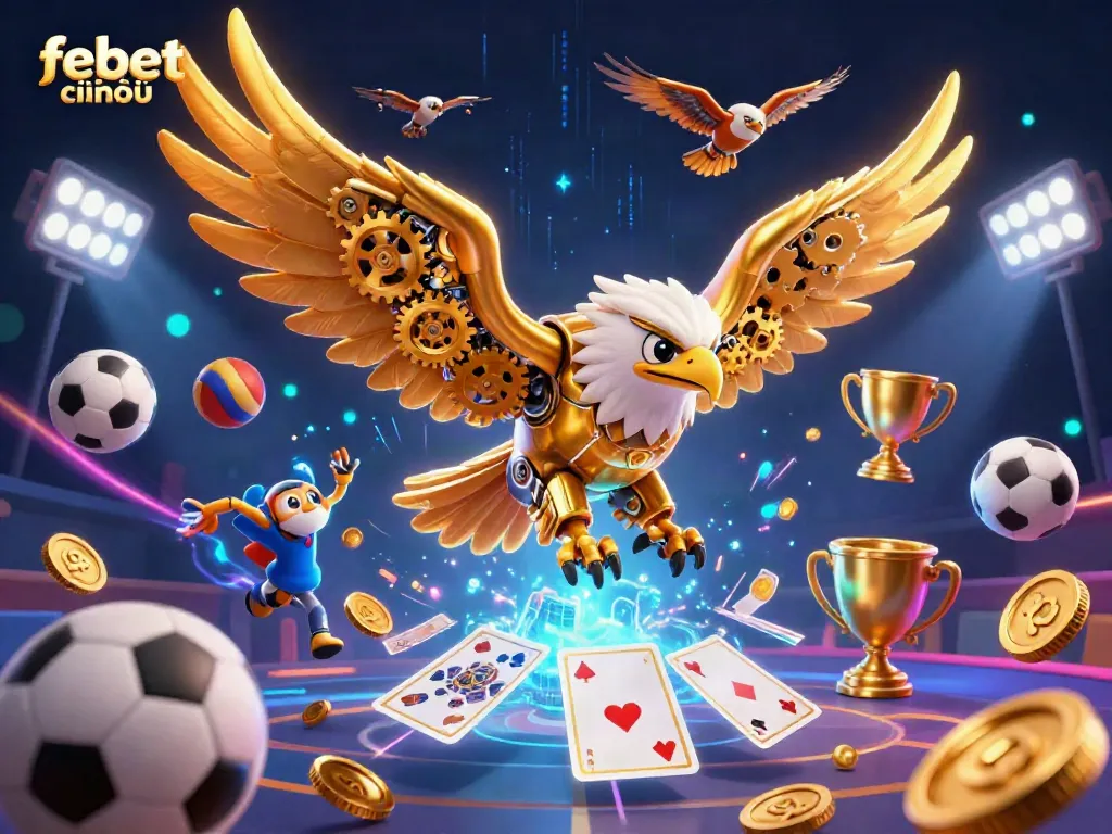 Engaging illustration of febet chính thức featuring a cybernetic eagle amidst vibrant sports elements.