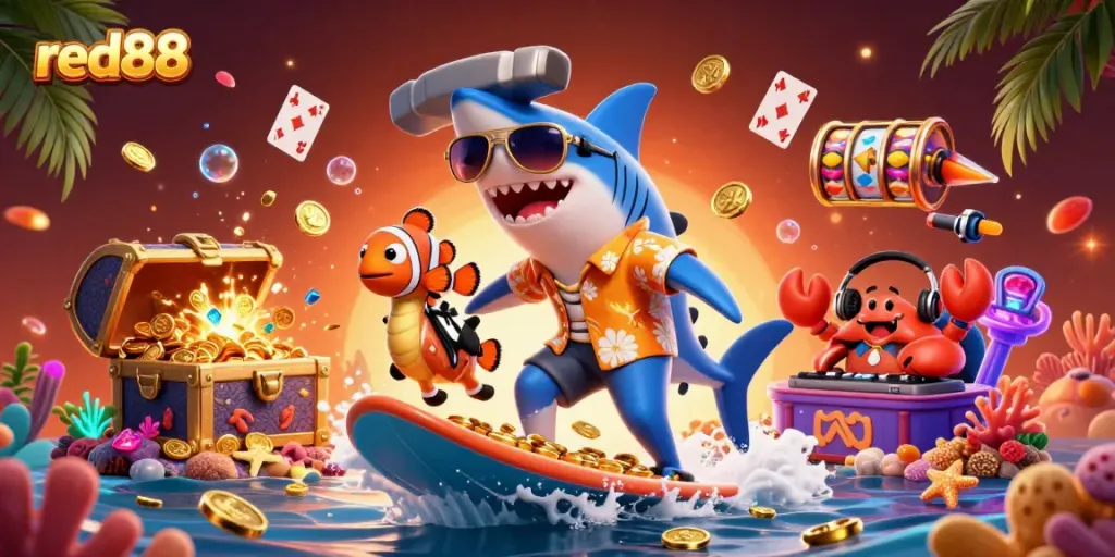 Experience thrilling gaming adventures at red88 with a vibrant underwater casino scene featuring playful characters.