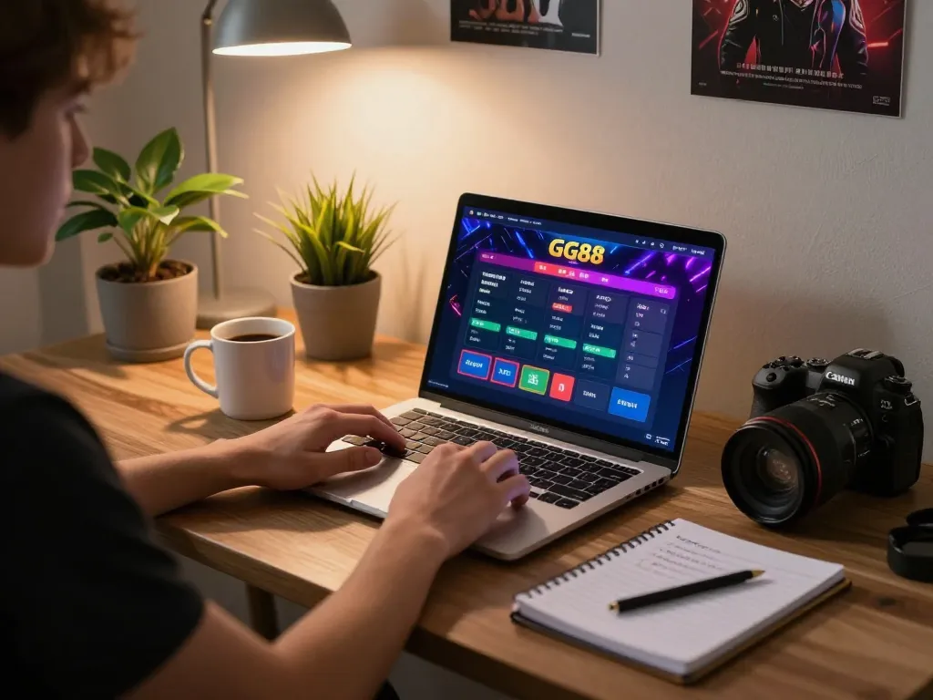 Player engaging with GG88 online gaming platform on laptop, showcasing strategic betting environment.