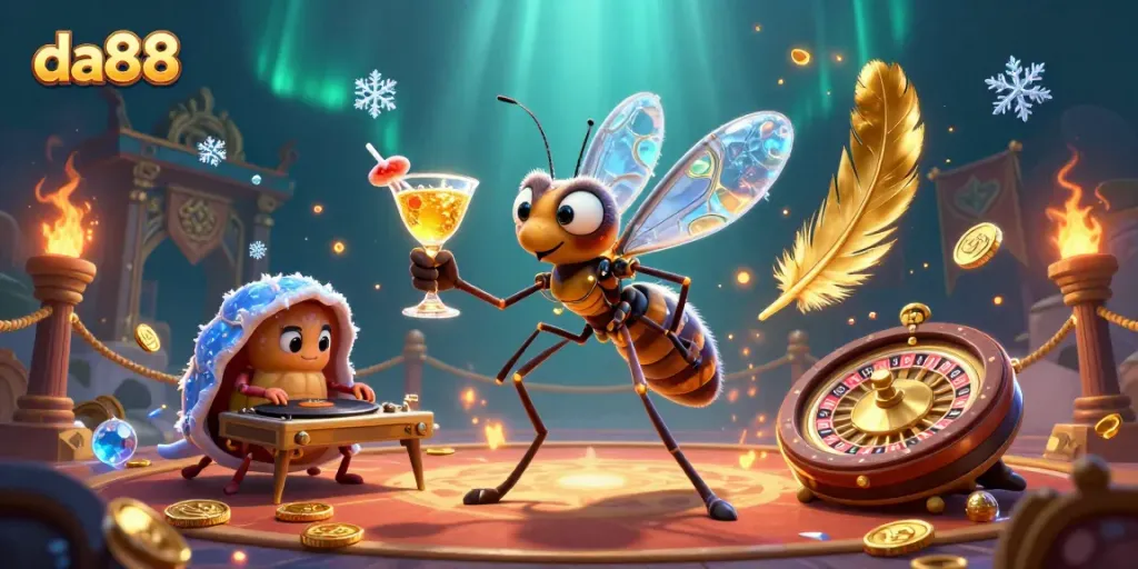 Experience thrilling gameplay at da88 with a dynamic casino-themed illustration showcasing unique characters and gaming elements.