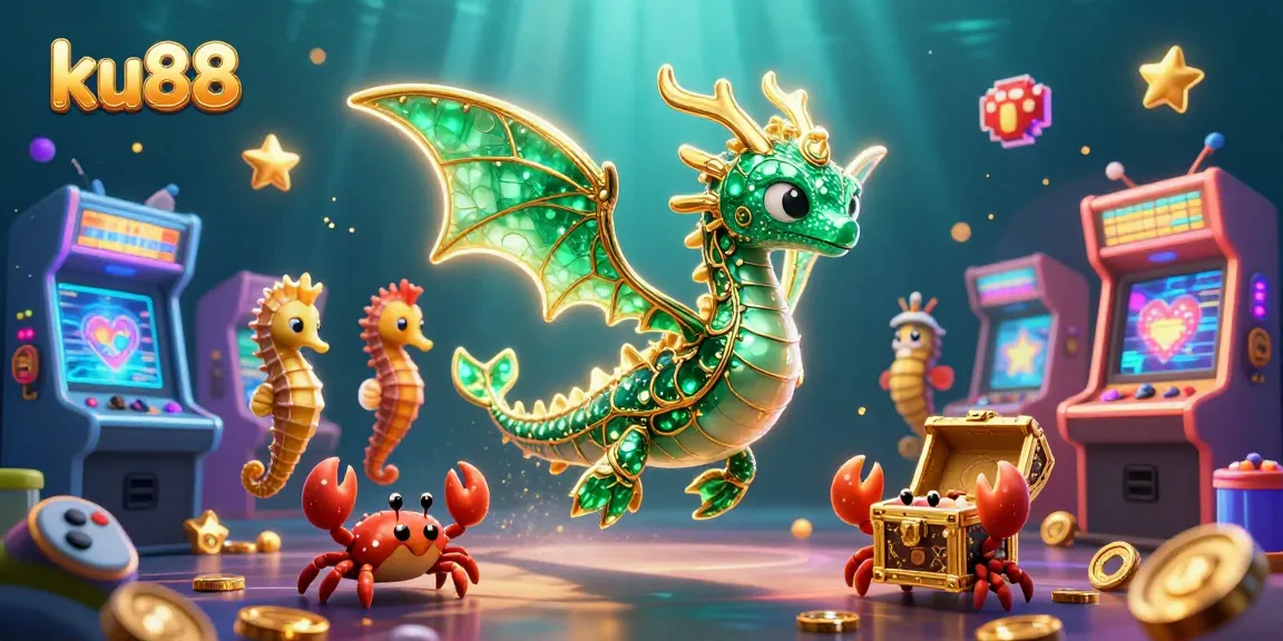 Play exciting games with ku88, featuring an emerald sea dragon amidst vibrant arcade elements in an enchanting underwater world.