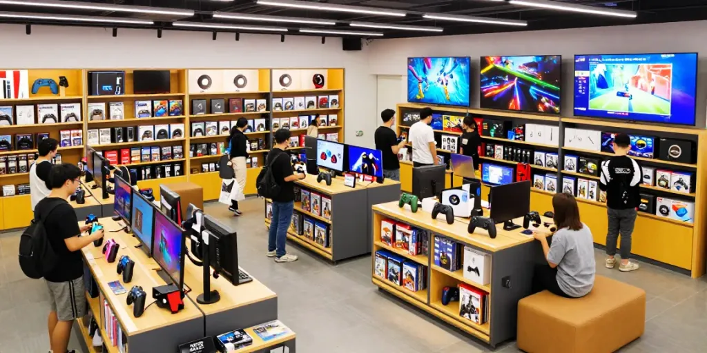 rokok88 gaming merchandise and consoles in vibrant e-commerce retail setting