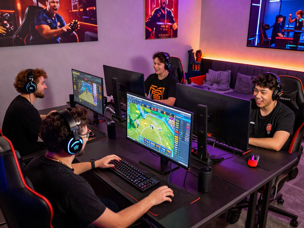 Gamers at computers enjoying 먹튀스팟, engaging with live betting interfaces in a vibrant gaming lounge