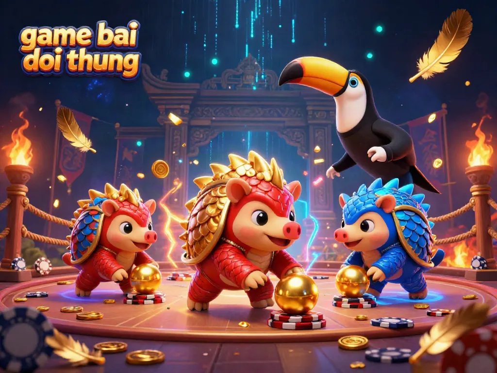 Enjoy the excitement of game bai doi thuong with rival pangolins amidst vibrant casino elements in a dynamic 3D scene.