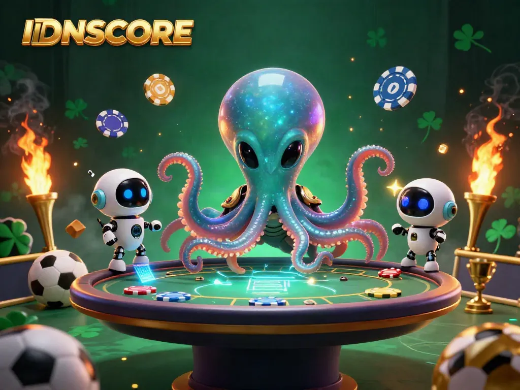 Join the excitement with IDNSCORE where an alien octopus engages with dynamic sports betting elements.