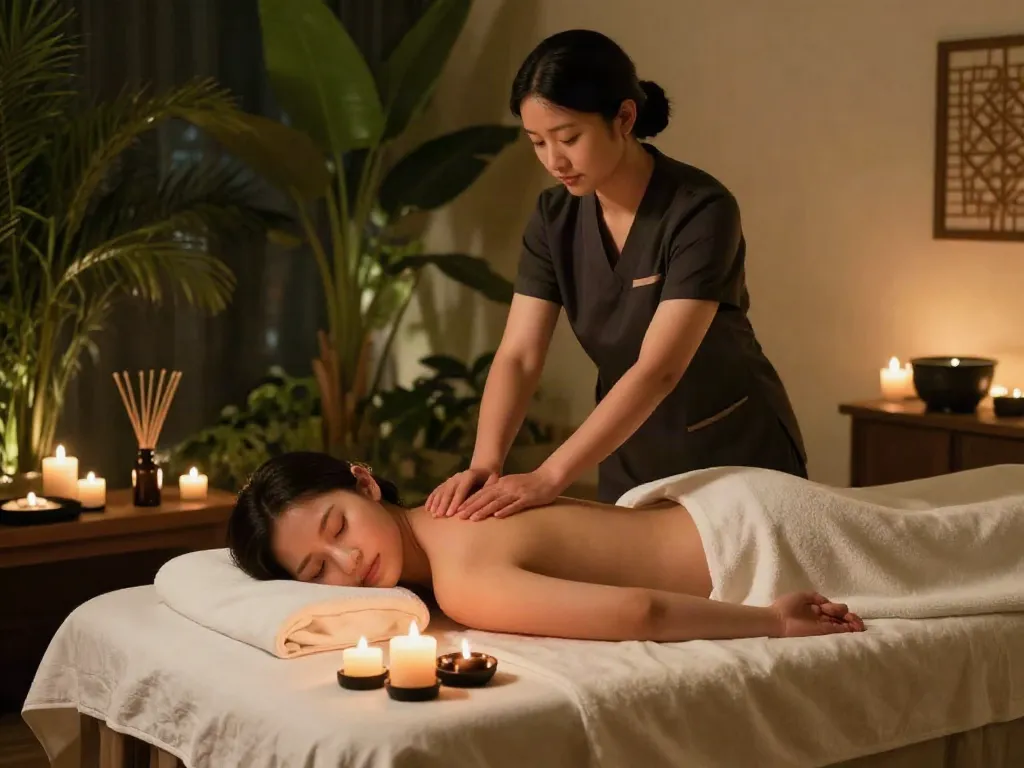 Client receiving 군포출장안마 treatment in a peaceful spa setting with candlelight.