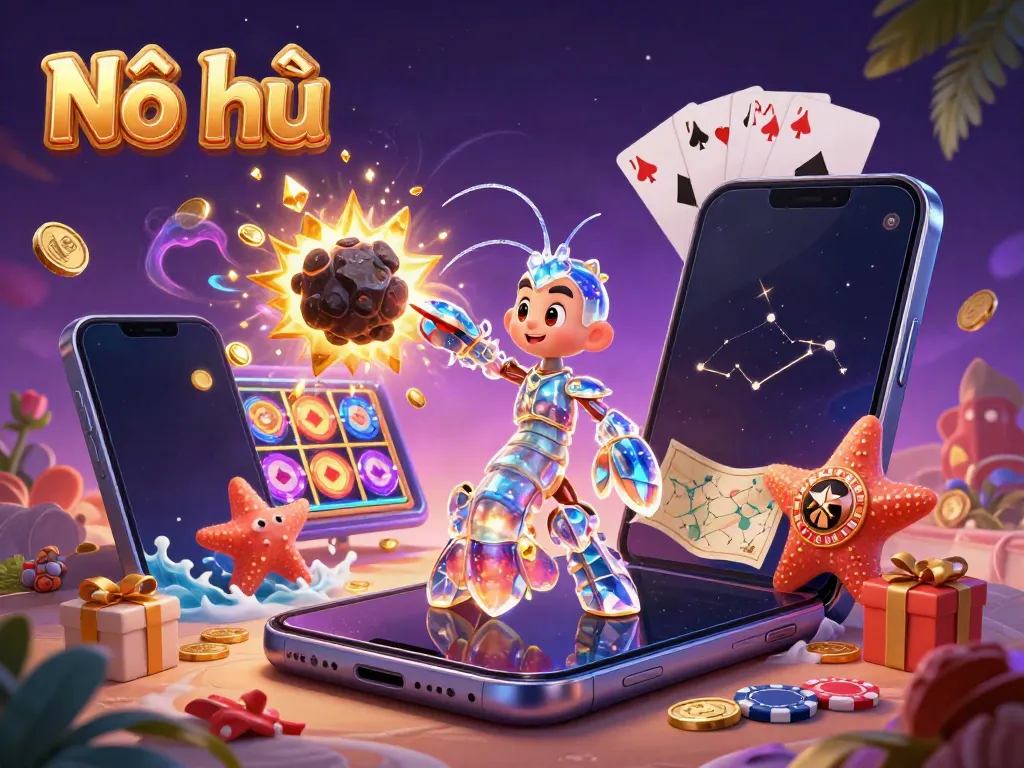 Nổ hũ game slots exploding with golden coins and vibrant characters, showcasing casino themes.