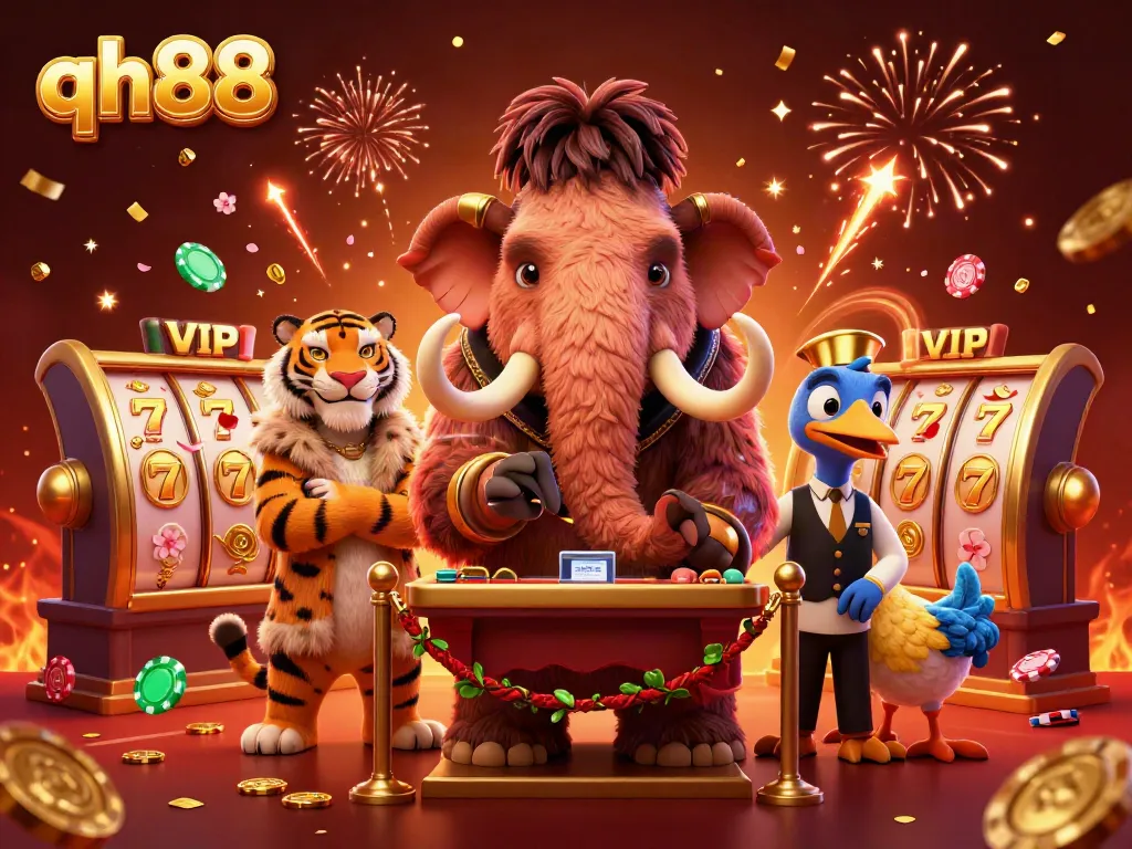 Experience the vibrant world of qh88 with a dynamic 3D casino scene featuring a woolly mammoth bouncer and saber-tooth tiger VIP.