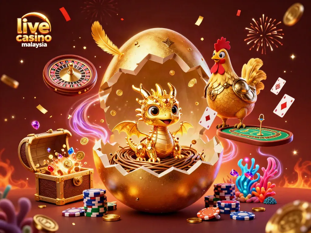 Engage with live casino online Malaysia featuring a golden dragon, poker chips, and dynamic gaming elements.