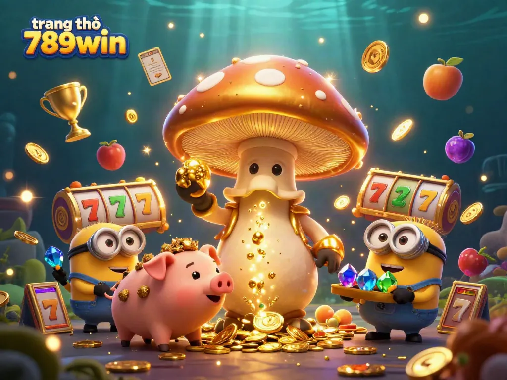 Experience the excitement of winning at trang chủ 789win with a golden mushroom wizard surrounded by slot games.