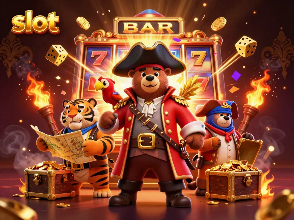 Experience the thrill of slot gaming with a vibrant, 3D illustration featuring a pirate bear surrounded by jackpot excitement.