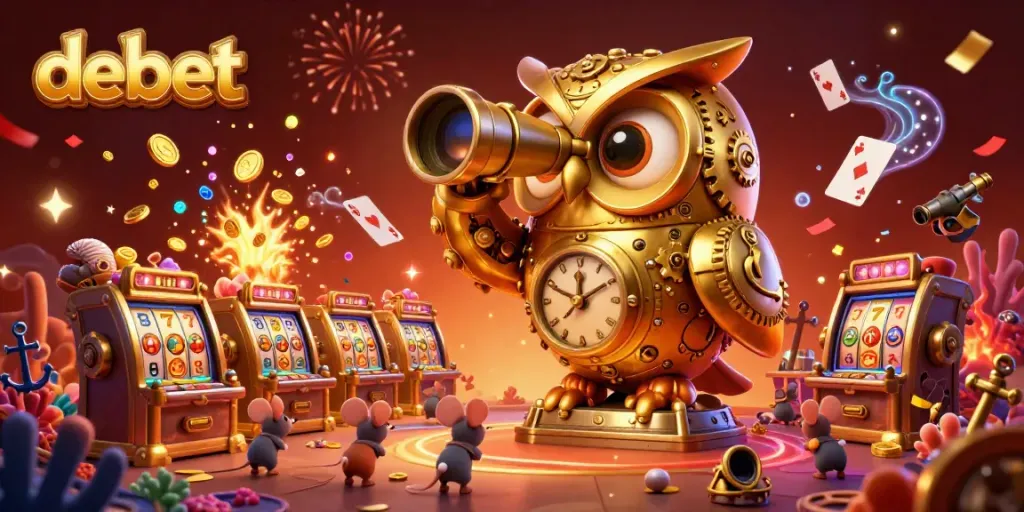 An engaging casino scene where a debet owl monitors slot games, surrounded by energetic mouse patrons and colorful elements.