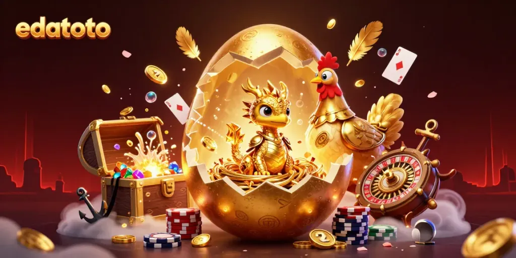Experience the majestic edatoto realm where a golden dragon emerges from a cracking egg amidst gaming wonders.