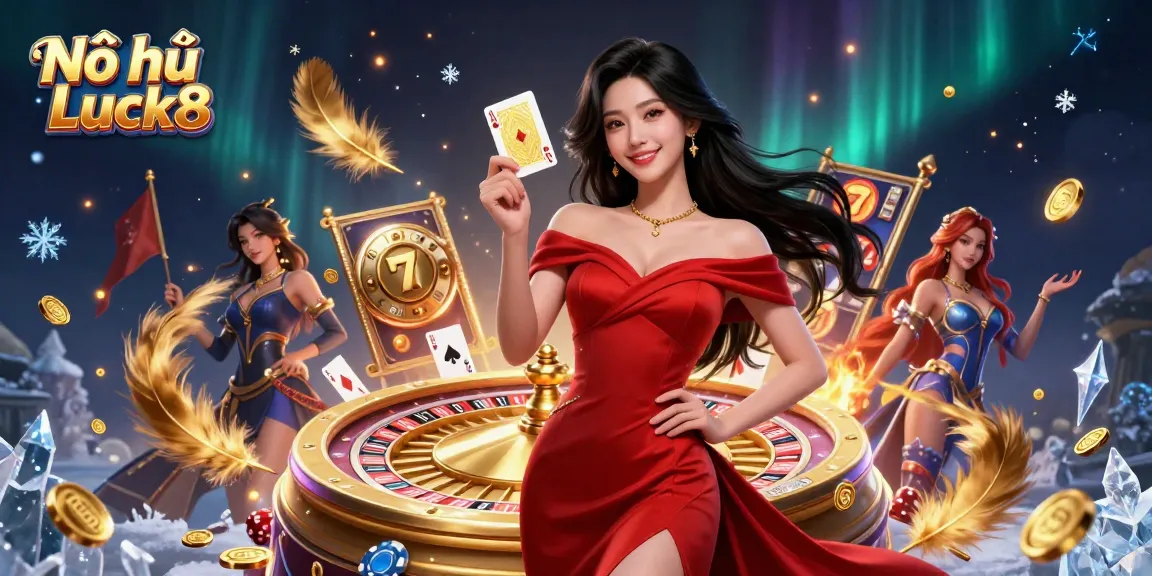 Nổ hũ Luck8 showcases an elegant young woman gambling with slot reels and winning big, radiating excitement and luxury.