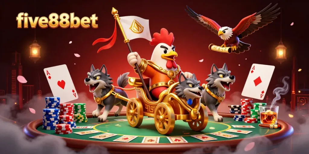 Experience epic gaming action at five88bet, featuring a rooster warlord and dynamic poker elements.