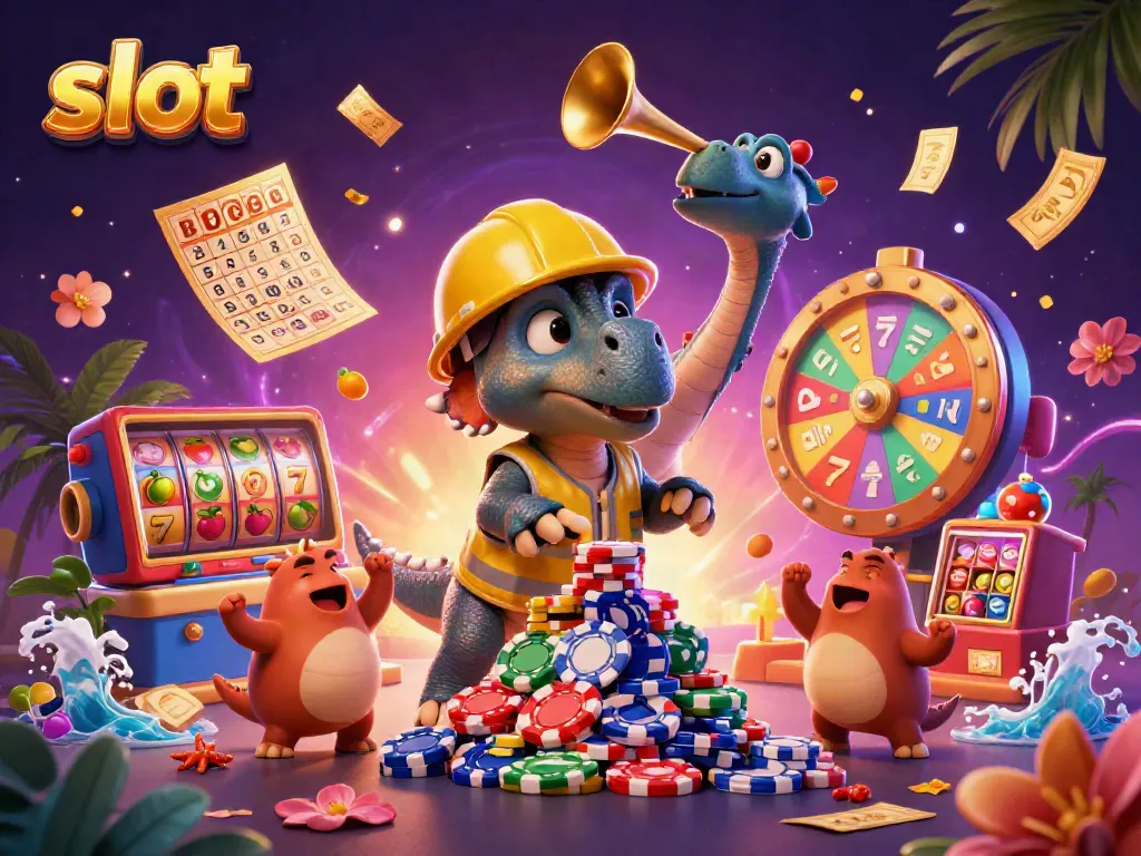 Engaging scene of cartoon dinosaurs celebrating slot wins with vibrant casino elements.