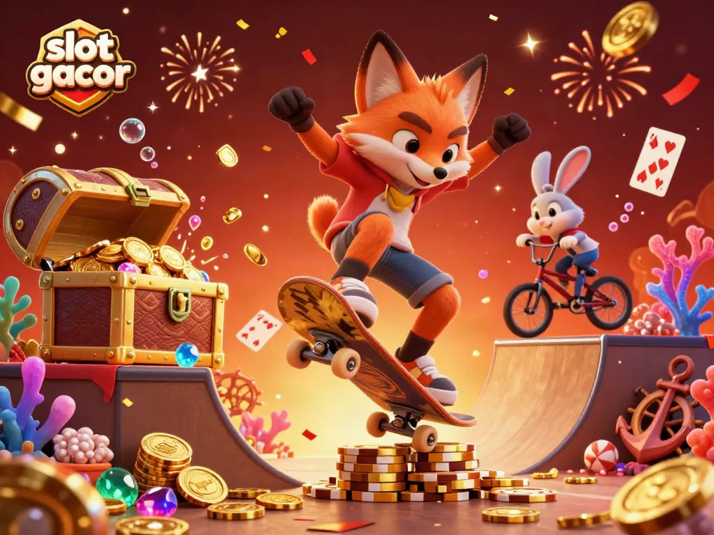 Experience thrilling slots in a vibrant 3D scene with the fox and rabbit showcasing slot gacor fun.