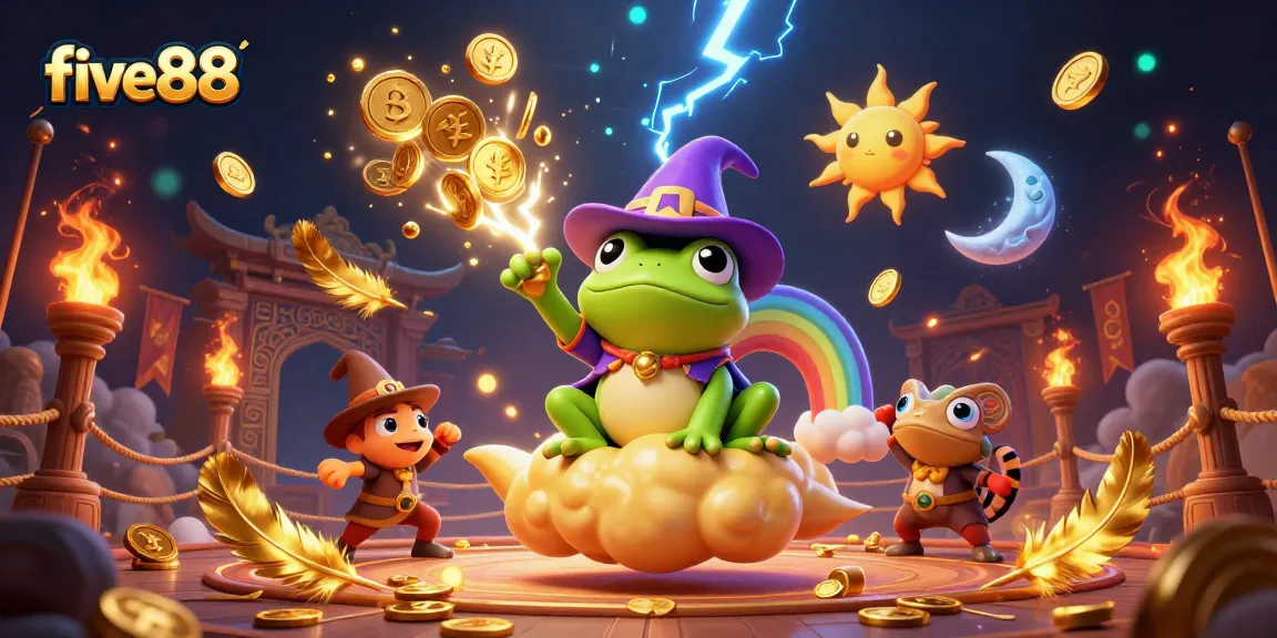 Engage with five88's thrilling gameplay through the wizard frog amidst a gold coin storm.