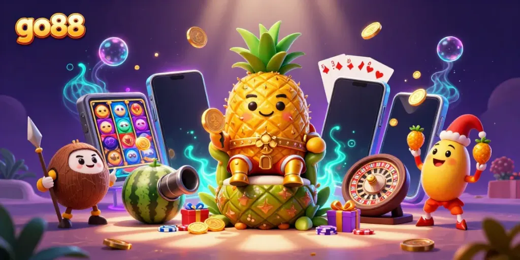 Engage in the vibrant go88 casino experience with a playful golden pineapple king and colorful slot games.