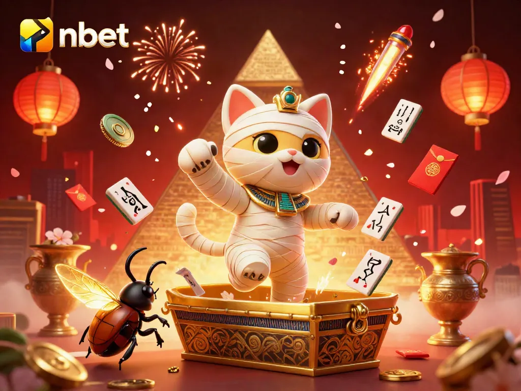 Experience the thrilling nbet gaming world with an Egyptian mummy cat emerging from a golden sarcophagus in an exciting casino scene.