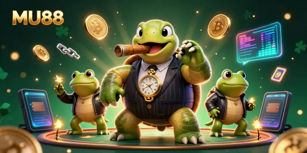 Experience MU88 with a 3D-rendered turtle mobster surrounded by crypto elements in a vibrant casino atmosphere.