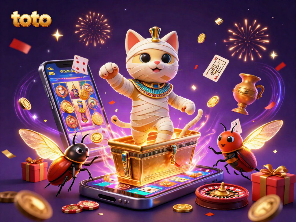 Toto-inspired illustration showcasing a cartoon Egyptian mummy cat in a vibrant casino scene.