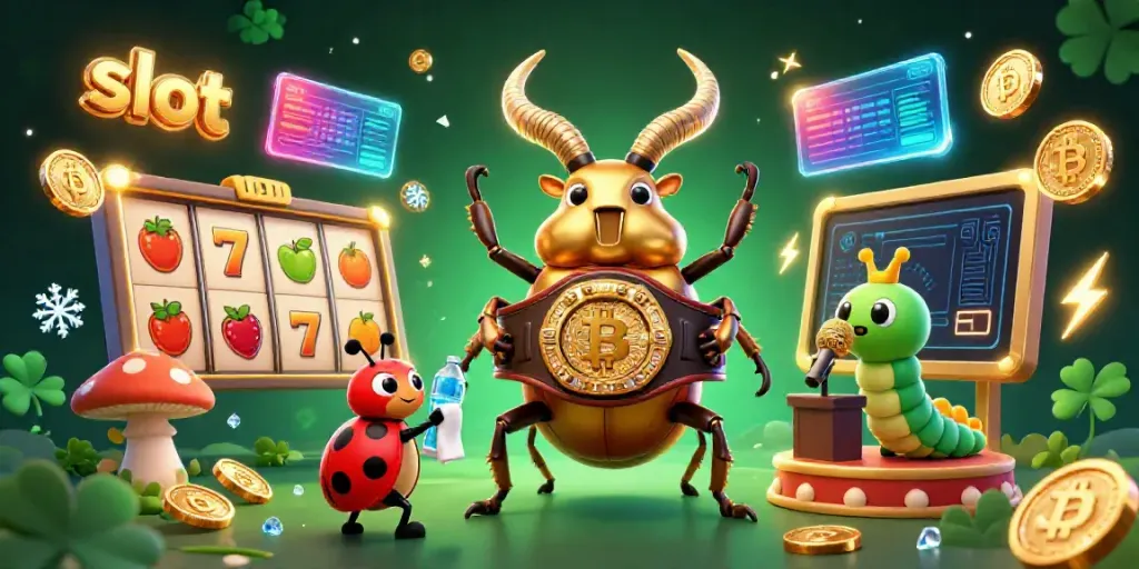 Experience thrilling slot action with a giant stag beetle and vibrant 3D casino elements.