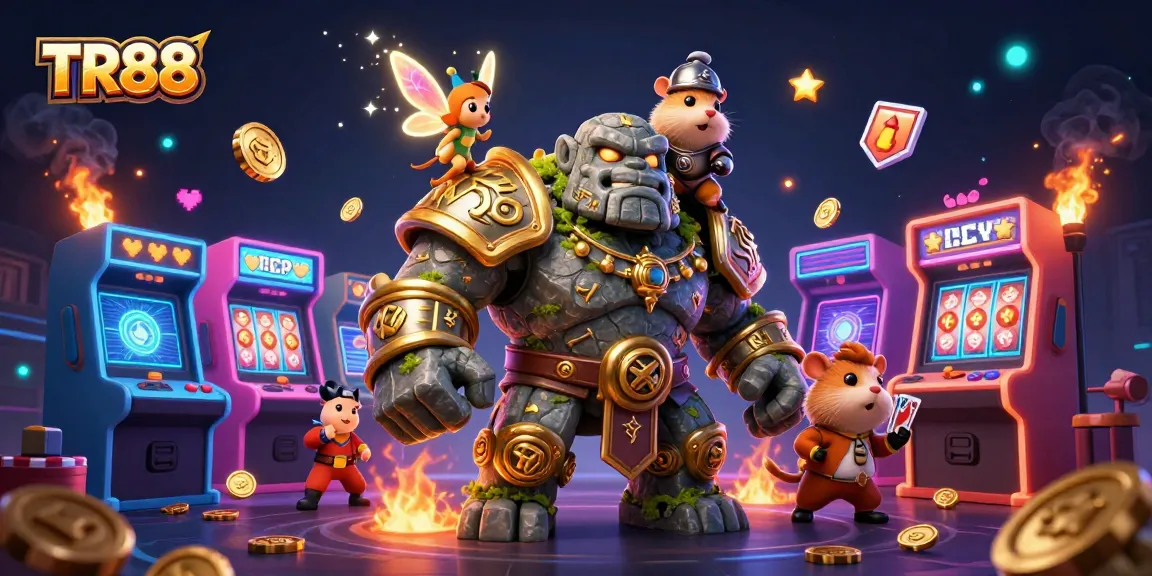 Engage with TR88's vibrant casino scene, showcasing dynamic characters in a colorful gaming world.