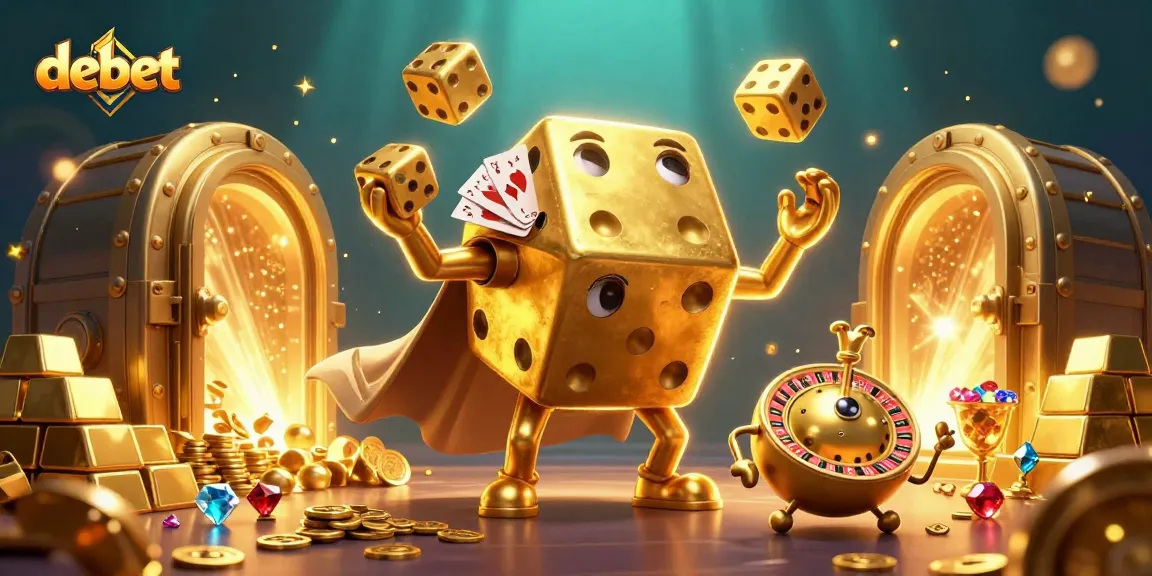 Experience exciting gameplay as debet's golden dice golem juggles riches around a vibrant casino
