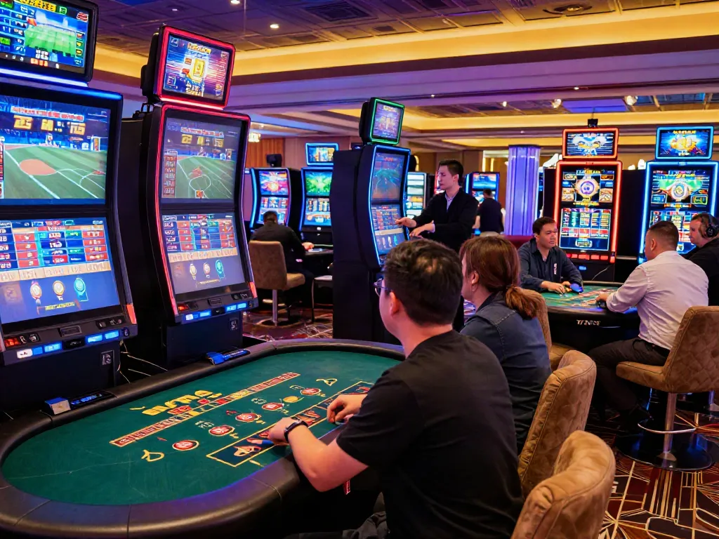 Exciting fabet gaming atmosphere with players betting and enjoying table games in a vibrant casino environment.