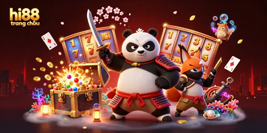Trải nghiệm không gian cá cược trên hi88 trang chủ với samurai panda và ninja fox.