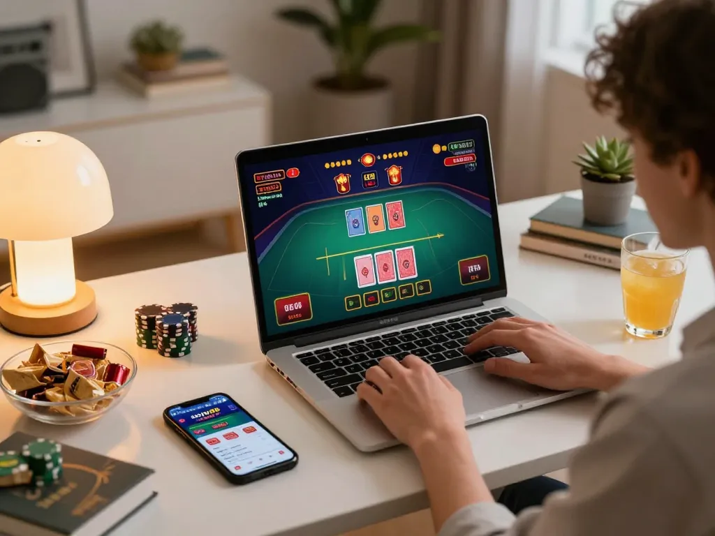 Engaging in online loto188 live casino game with a stylish setup, showcasing personal betting app and cozy atmosphere.