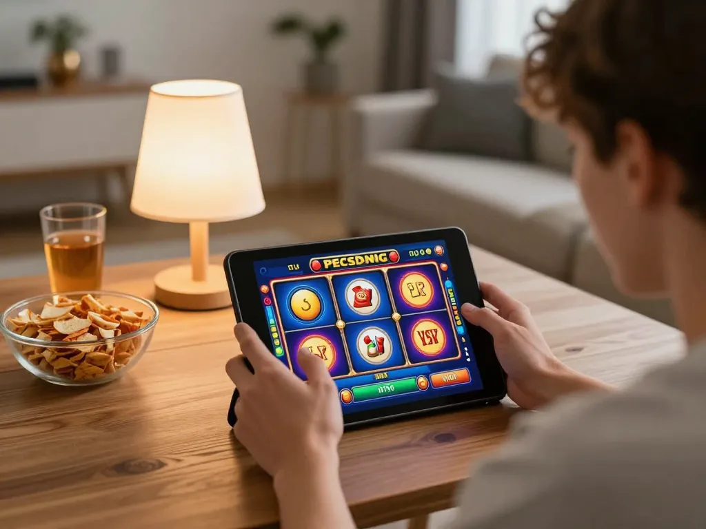 Engaging gameplay of IDCASH88 Login on tablet in a cozy home setting, promoting responsible gambling.
