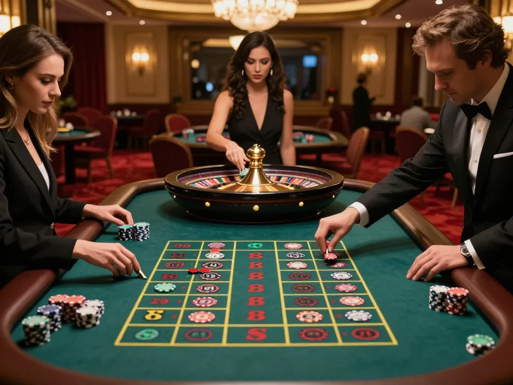 CM88 players placing bets at a roulette table in a luxurious casino atmosphere