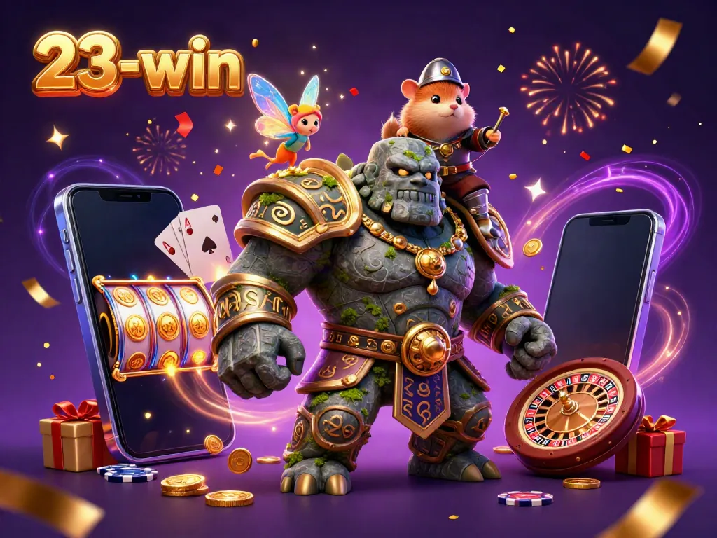 Experience thrilling games at 23-win, surrounded by enchanting characters in a vibrant casino scene.