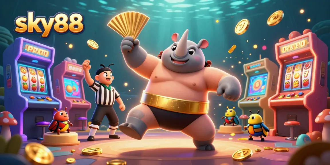Experience the excitement of sky88 with a cartoon sumo beetle amidst flying coins and vibrant arcade machines.